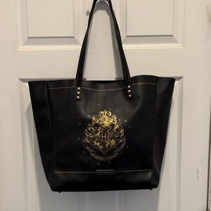 Harry Potter Hogwarts Black Faux Leather Tote Bag Gold